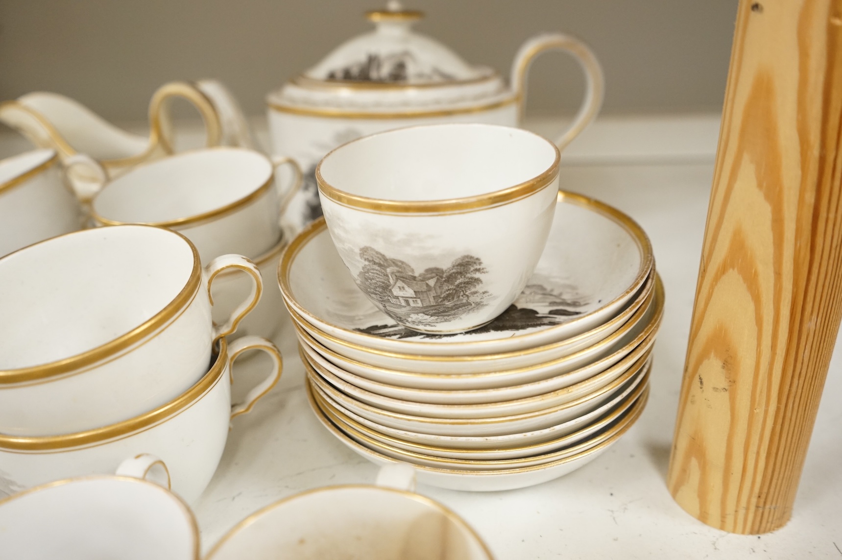 A Spode bat-printed part tea / coffee set, c.1802, including pattern 557, largest 26cm wide